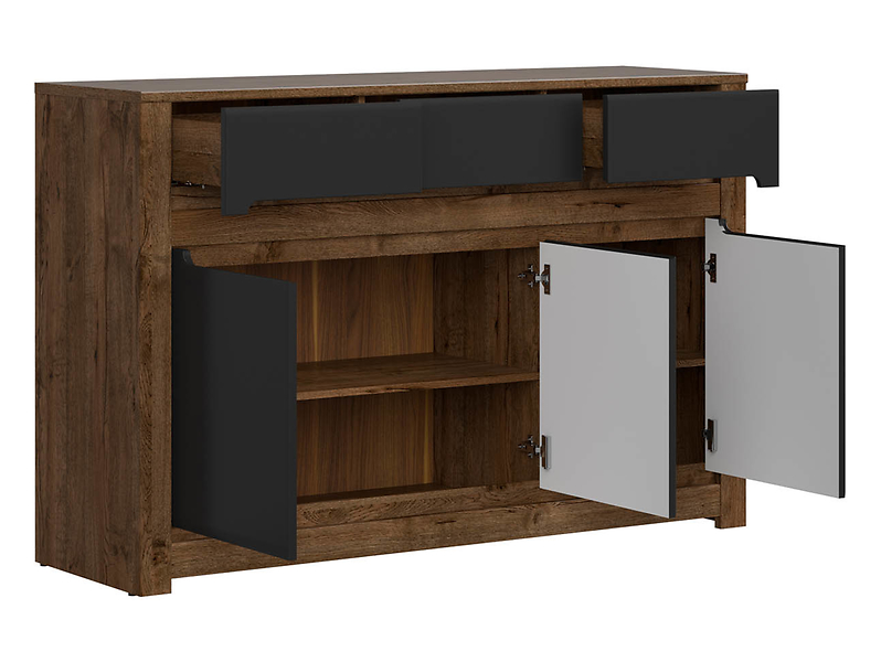 Komoda Ruso 149 cm z 3 drzwiami i 3 szufladami dąb april/perłowy połysk