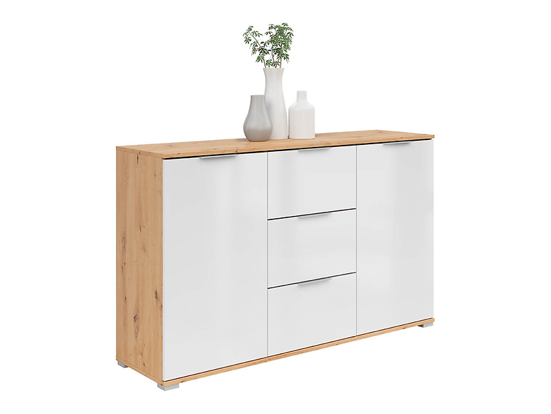 Komoda Zele 135 cm z 2 drzwiami i 3 szufladami dąb wotan/biały połysk