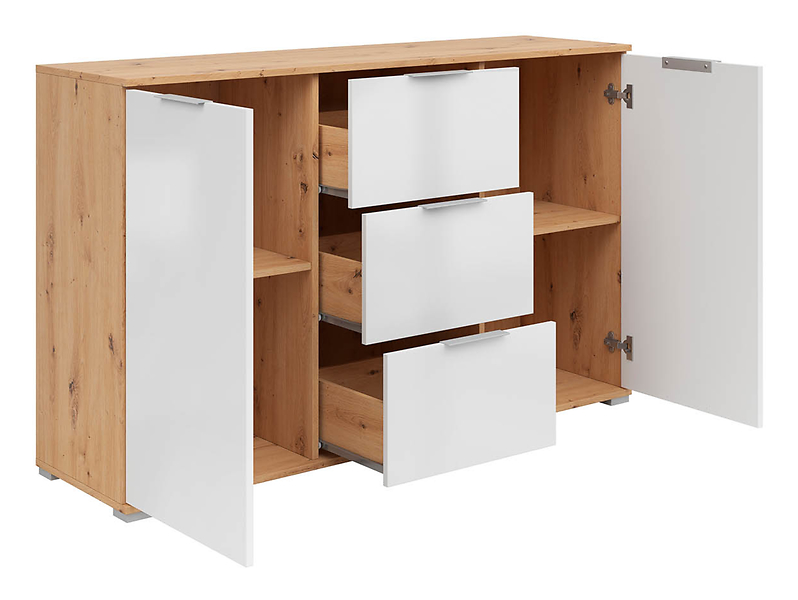 Komoda Zele 135 cm z 2 drzwiami i 3 szufladami dąb wotan/biały połysk