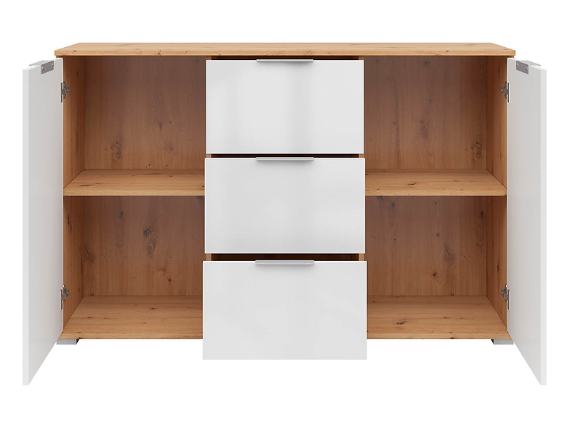 Komoda Zele 135 cm z 2 drzwiami i 3 szufladami dąb wotan/biały połysk