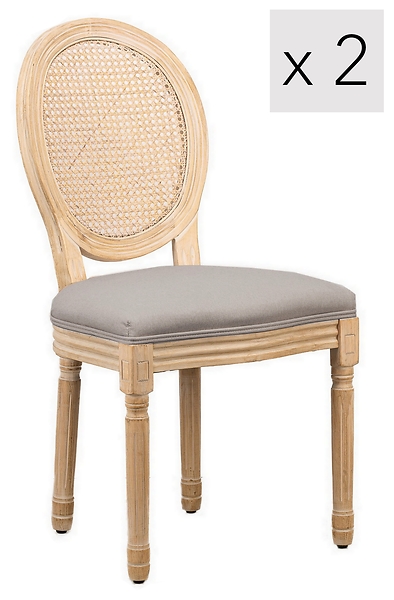 Zestaw 2 krzeseł drewno/plecionka beż tkanina
