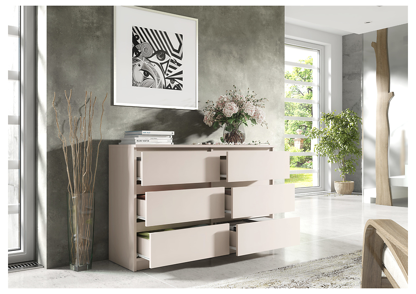 Komoda 6 szuflad 120cm biały połysk pojemna szafka do salonu sypialni