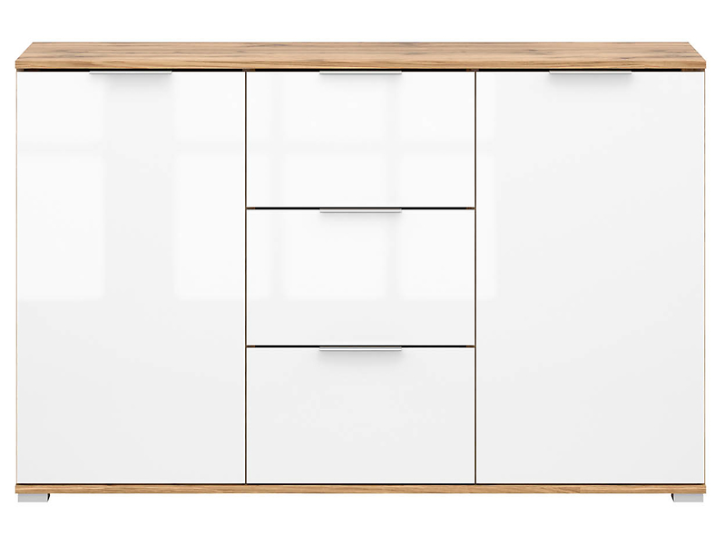 Komoda Zele 135 cm z 2 drzwiami i 3 szufladami dąb wotan/biały połysk