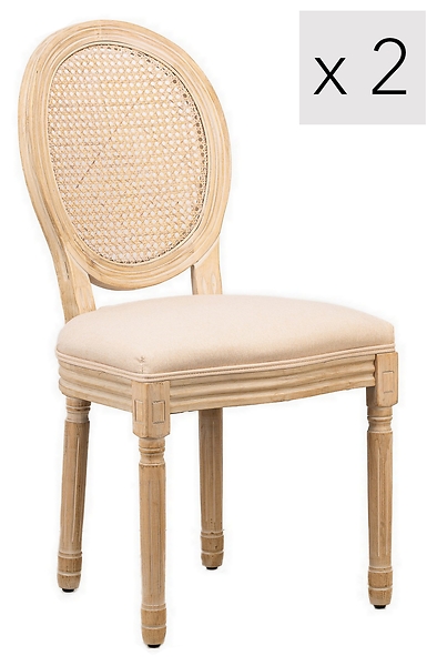 Zestaw 2 krzeseł drewno/plecionka beż tkanina
