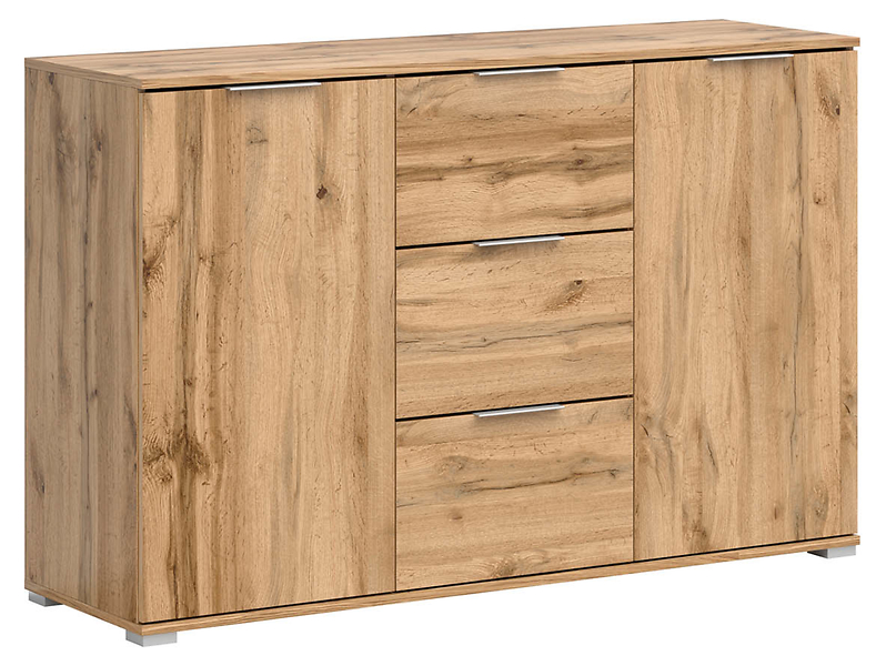 Komoda Zele 135 cm z 2 drzwiami i 3 szufladami dąb wotan/biały połysk
