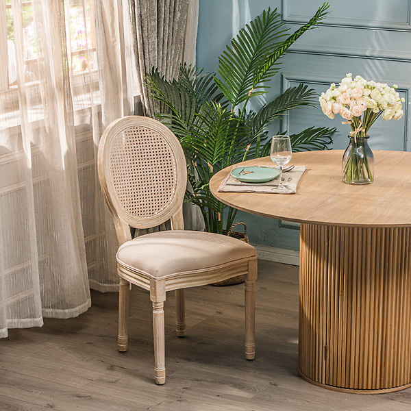 Zestaw 2 krzeseł drewno/plecionka beż tkanina