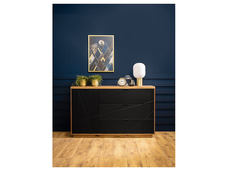 Komoda Forn 156 cm z drzwiami i 3 szufladami dąb delano ciemny/czarny mat