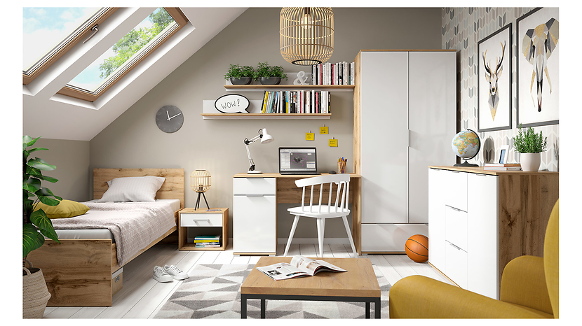 Komoda Zele 135 cm z 2 drzwiami i 3 szufladami dąb wotan/biały połysk