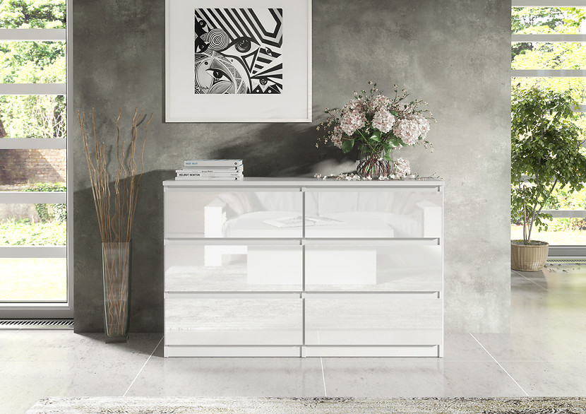Komoda 6 szuflad 120cm biały połysk pojemna szafka do salonu sypialni