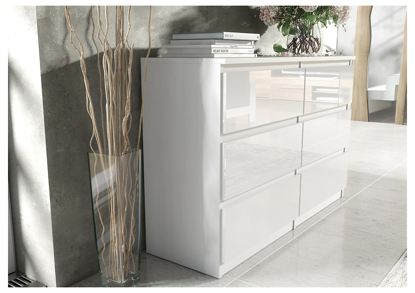 Komoda 6 szuflad 120cm biały połysk pojemna szafka do salonu sypialni