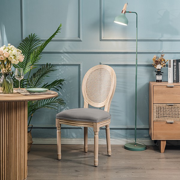 Zestaw 2 krzeseł drewno/plecionka beż tkanina