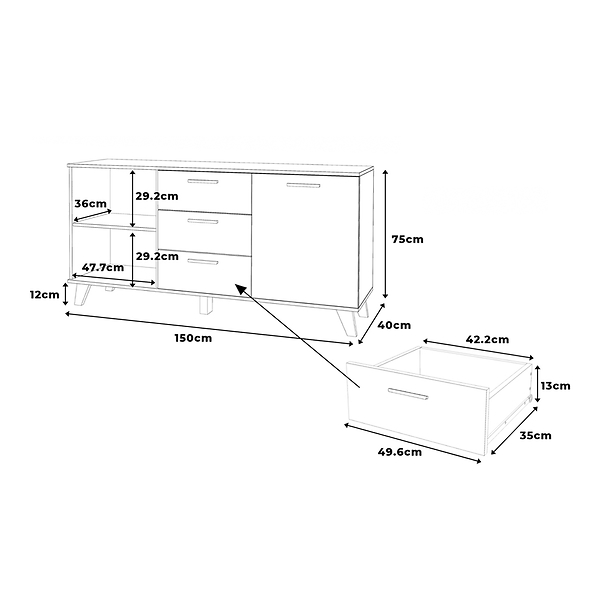 Komoda biała skandynawska olivier 150cm szafka 3 szuflady