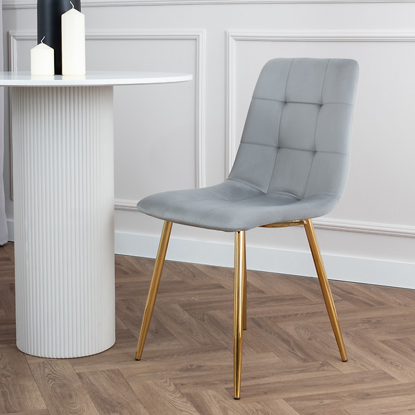 Krzesło tapicerowane szare welurowe pikowane złote nogi glamour
