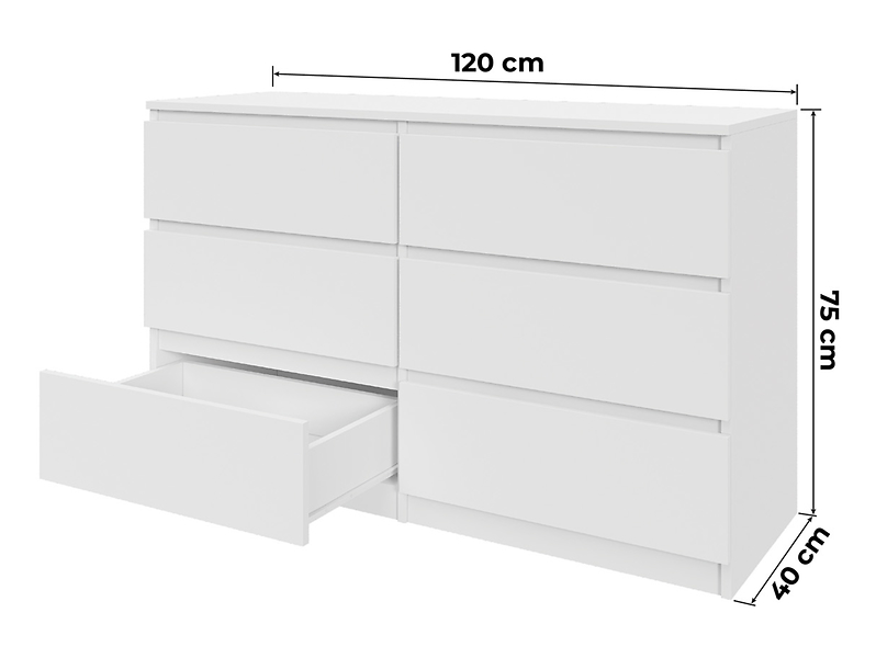 KOMODA Biała Lakierowana 120 cm - 6 pojemnych szuflad