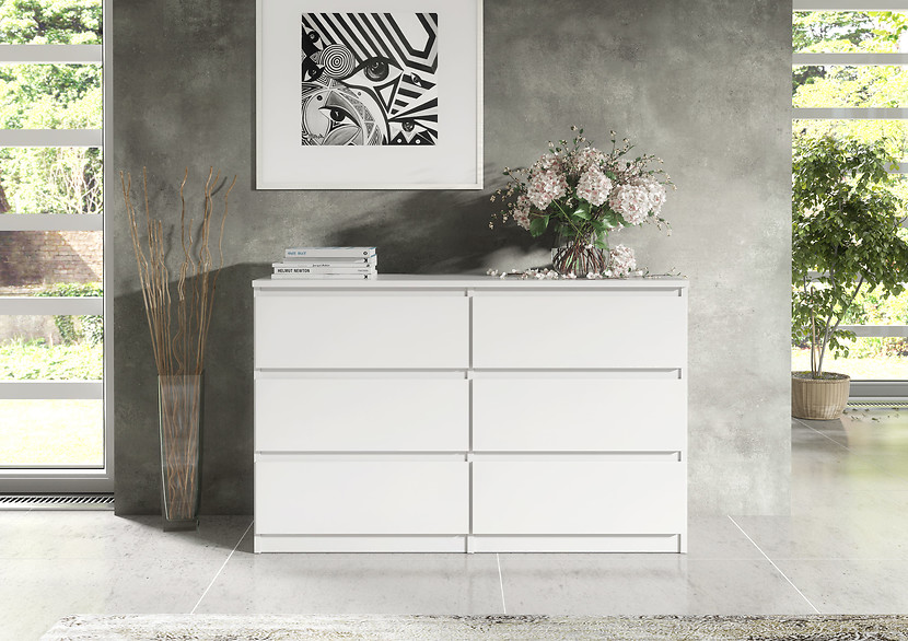 Komoda 6 szuflad 120cm biały połysk pojemna szafka do salonu sypialni