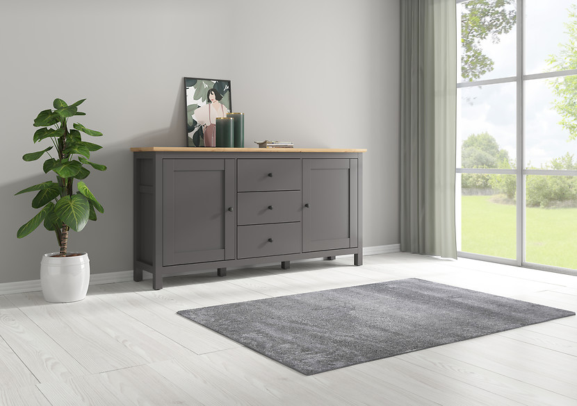 Komoda Hesen 186 cm z 2 drzwiami i 3 szufladami modrzew sibiu jasny/sosna larico