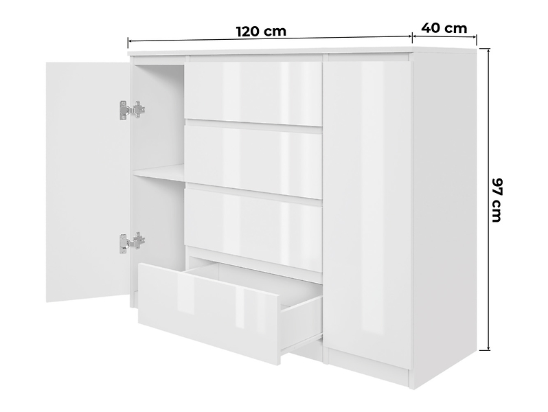 Komoda Biała Lakierowana 120 cm - 4 szuflady i 2 szafki