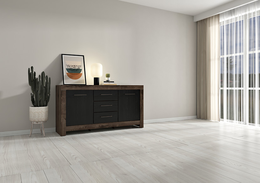 Komoda Balin 160 cm z 2 drzwiami i 3 szufladami dąb monastery/dąb czarny