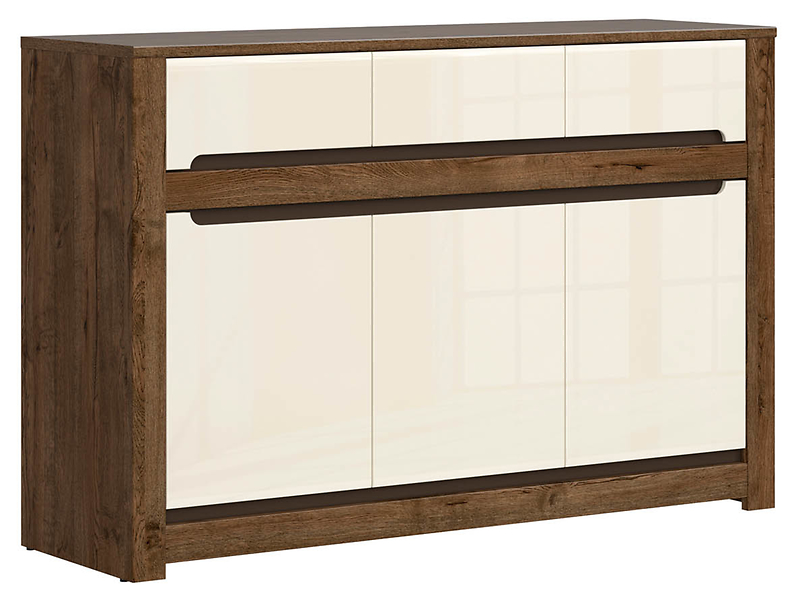 Komoda Ruso 149 cm z 3 drzwiami i 3 szufladami dąb april/perłowy połysk