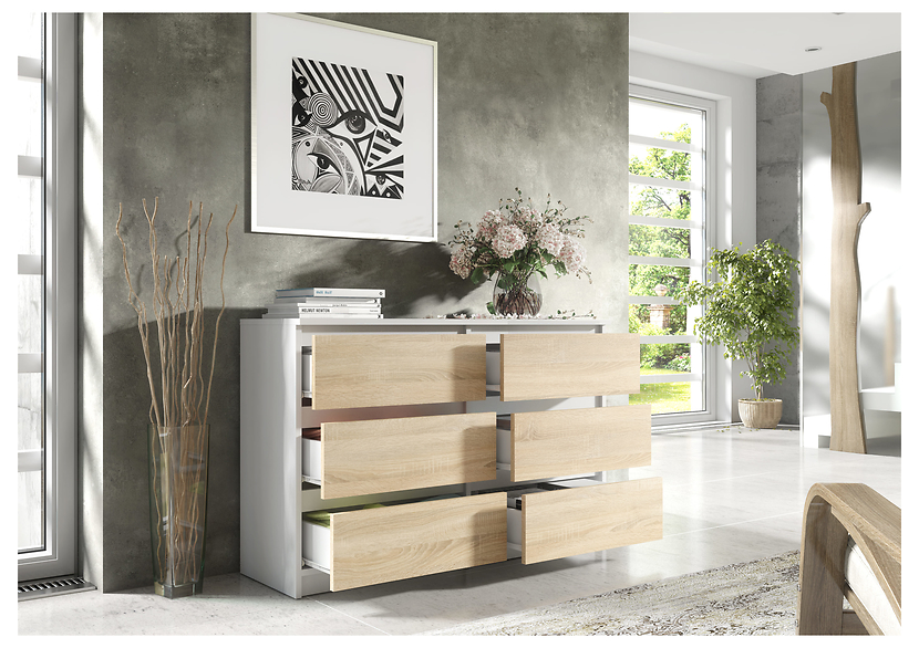 Komoda 6 szuflad 120cm biały połysk pojemna szafka do salonu sypialni