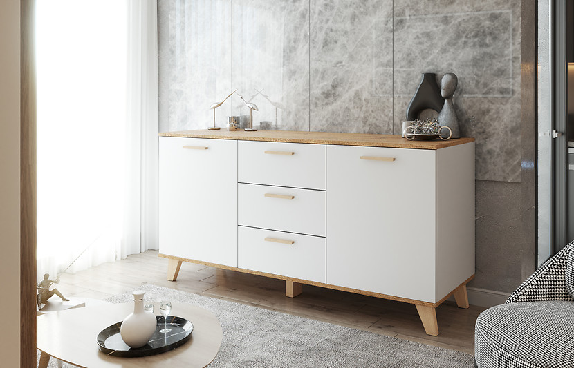 Komoda biała skandynawska olivier 150cm szafka 3 szuflady