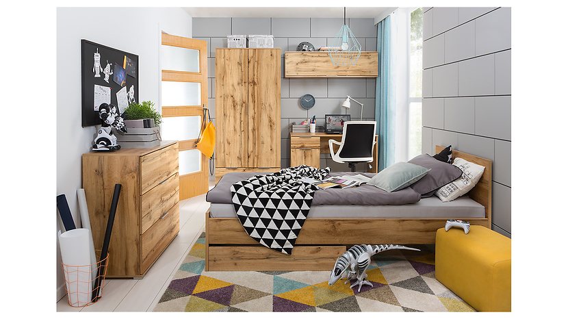 Komoda Zele 135 cm z 2 drzwiami i 3 szufladami dąb wotan/biały połysk