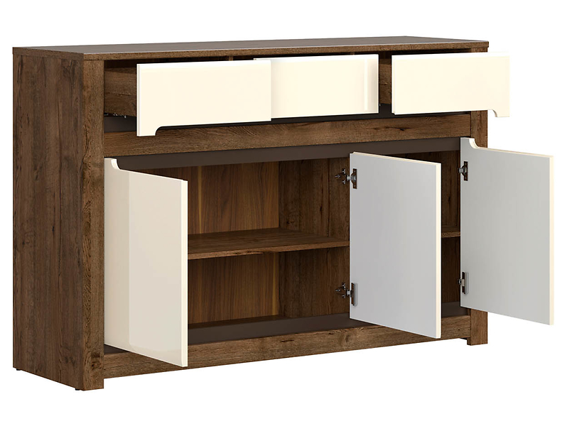 Komoda Ruso 149 cm z 3 drzwiami i 3 szufladami dąb april/perłowy połysk