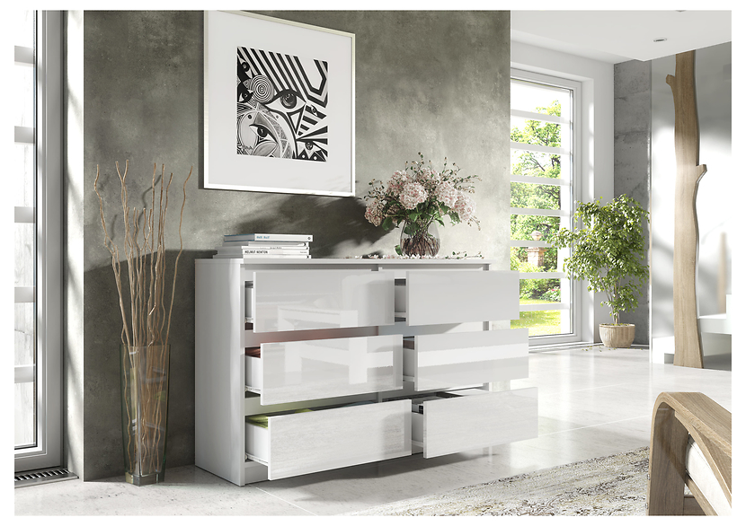 Komoda 6 szuflad 120cm biały połysk pojemna szafka do salonu sypialni