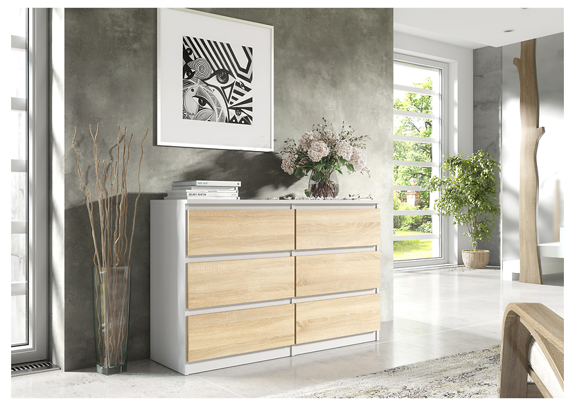 Komoda 6 szuflad 120cm biały połysk pojemna szafka do salonu sypialni