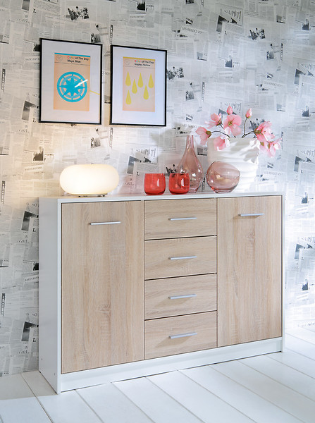 Komoda Nepo Plus 119 cm z 2 drzwiami i 4 szufladami dąb sonoma/biały