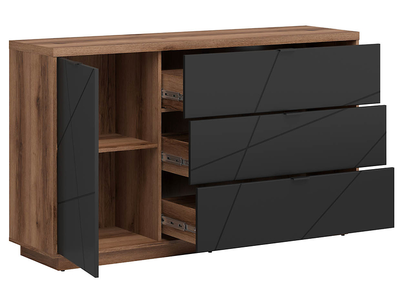 Komoda Forn 156 cm z drzwiami i 3 szufladami dąb delano ciemny/czarny mat