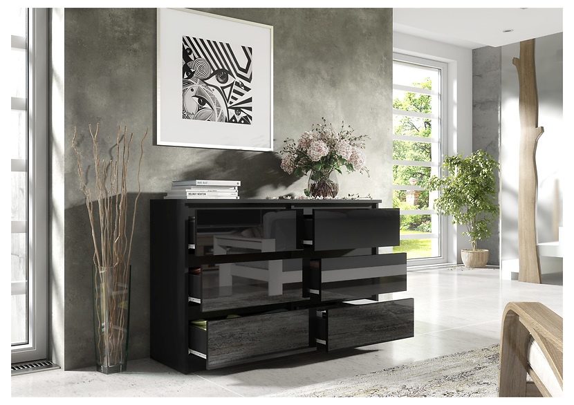 Komoda 6 szuflad 120cm biały połysk pojemna szafka do salonu sypialni