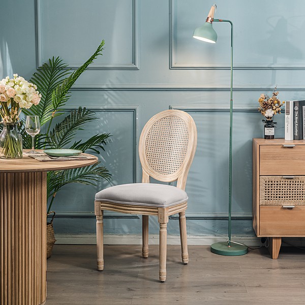 Zestaw 2 krzeseł drewno/plecionka beż tkanina