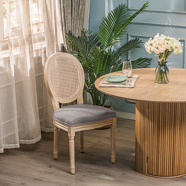 Zestaw 2 krzeseł drewno/plecionka beż tkanina