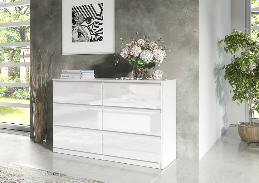 Komoda 6 szuflad 120cm biały połysk pojemna szafka do salonu sypialni