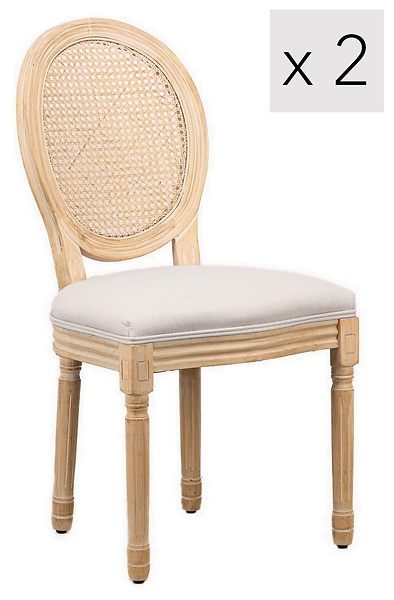 Zestaw 2 krzeseł drewno/plecionka beż tkanina