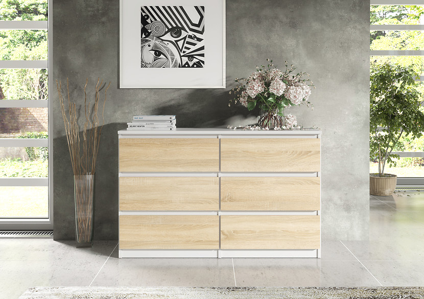 Komoda 6 szuflad 120cm biały połysk pojemna szafka do salonu sypialni