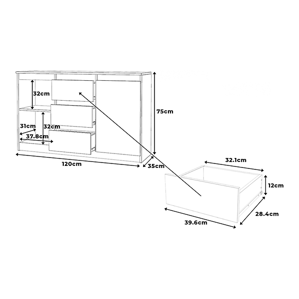 Komoda do salonu nowoczesna 120cm 3 szuflady biała szara mat