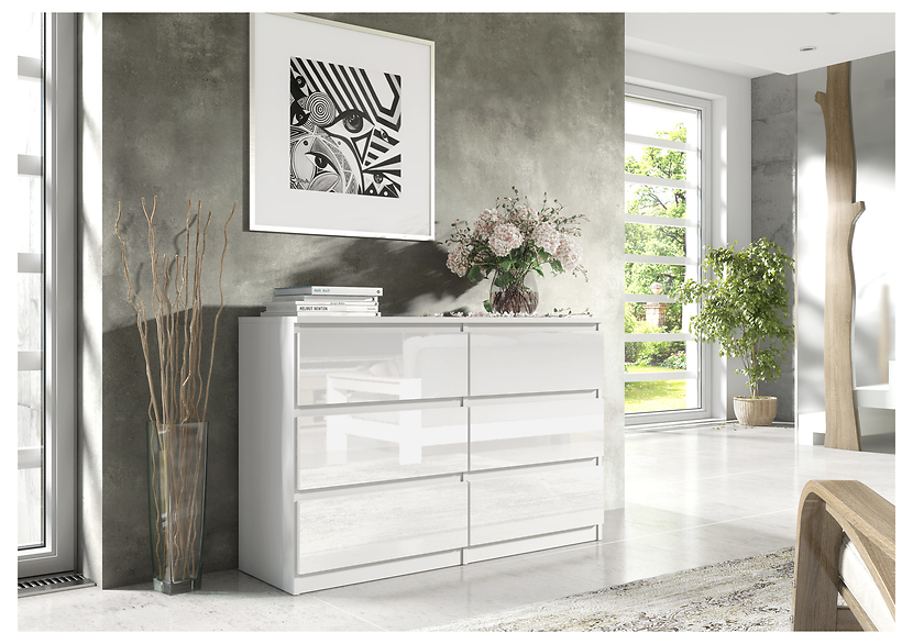 Komoda 6 szuflad 120cm biały połysk pojemna szafka do salonu sypialni