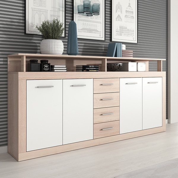 Komoda z Szufladami Duża Do Salonu BLAGO Dąb Sonoma Biała
