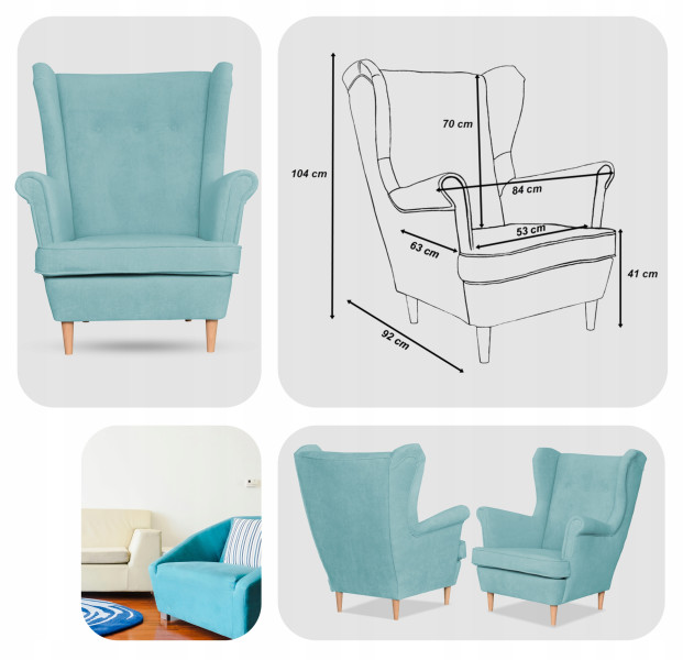 Fotel uszak skandynawski welur Hunter Family Meble błękitny