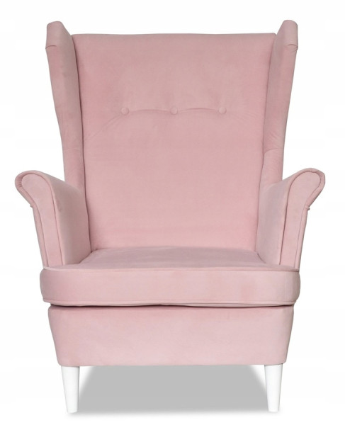 Fotel Uszak liliowy jasny róż aksamit urodziny