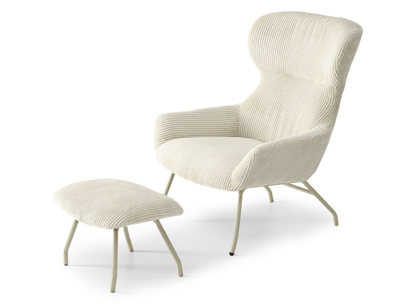 Beżowy Sztruksowy Fotel Conor Z Podnóżkiem Do Salonu