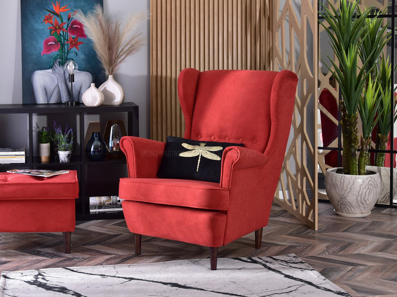 Fotel Malmo Żurawina Tkanina, Podstawa Orzech