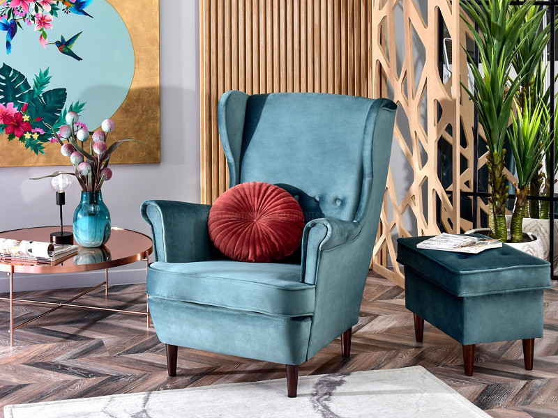 Fotel Malmo Żurawina Tkanina, Podstawa Orzech