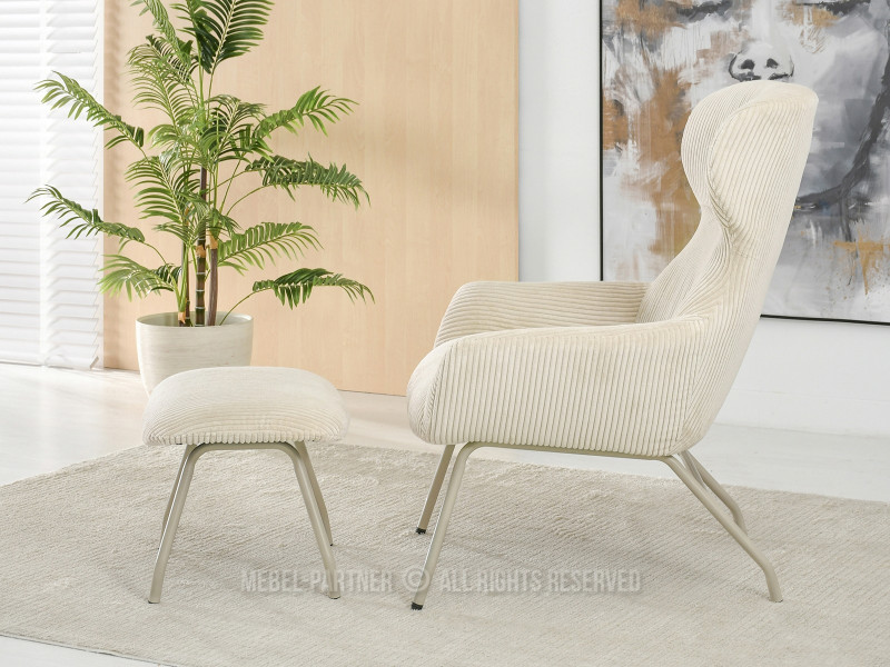 Beżowy Sztruksowy Fotel Conor Z Podnóżkiem Do Salonu