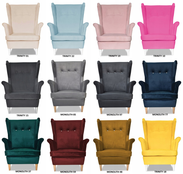 Fotel Uszak liliowy jasny róż aksamit urodziny