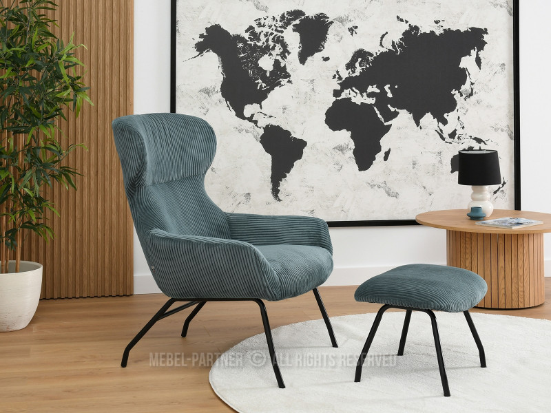 Beżowy Sztruksowy Fotel Conor Z Podnóżkiem Do Salonu