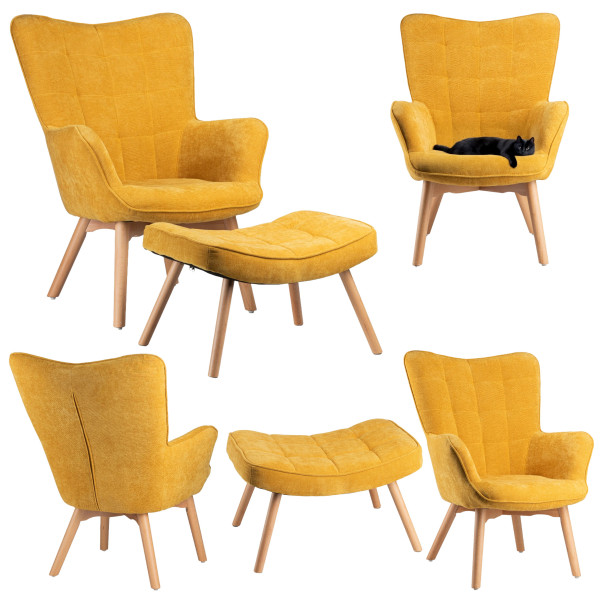 Uszak Fotel z podnóżkiem Grella Żółty 79x70x97 cm wypoczynkowy do salonu