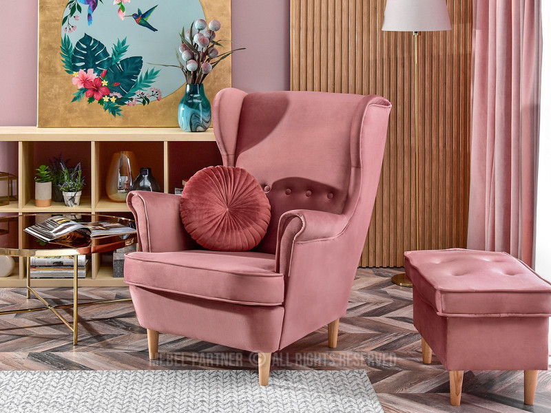 Fotel Malmo Żurawina Tkanina, Podstawa Orzech